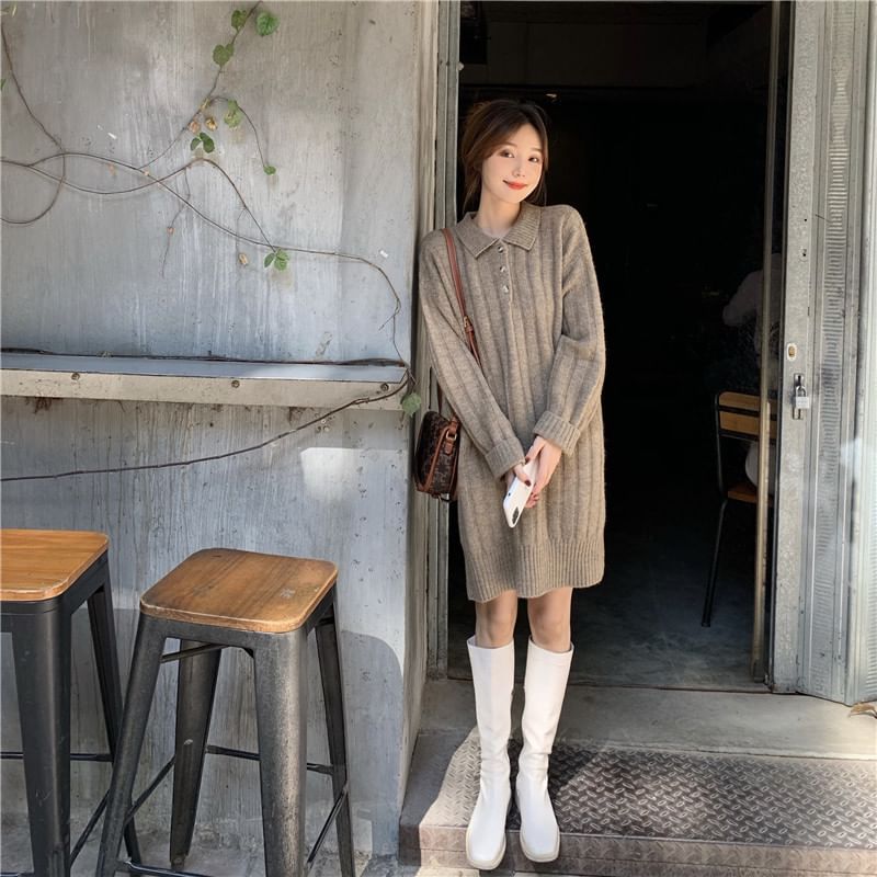 Dress Mini Plain Long-Sleeve Polo-Neck Sweater