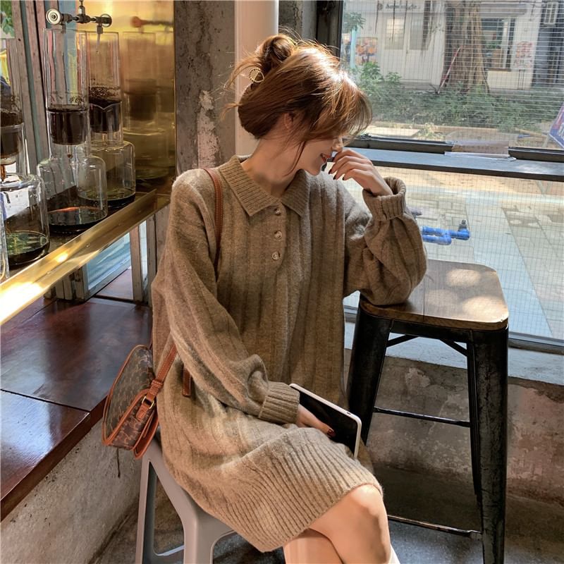Dress Mini Plain Long-Sleeve Polo-Neck Sweater