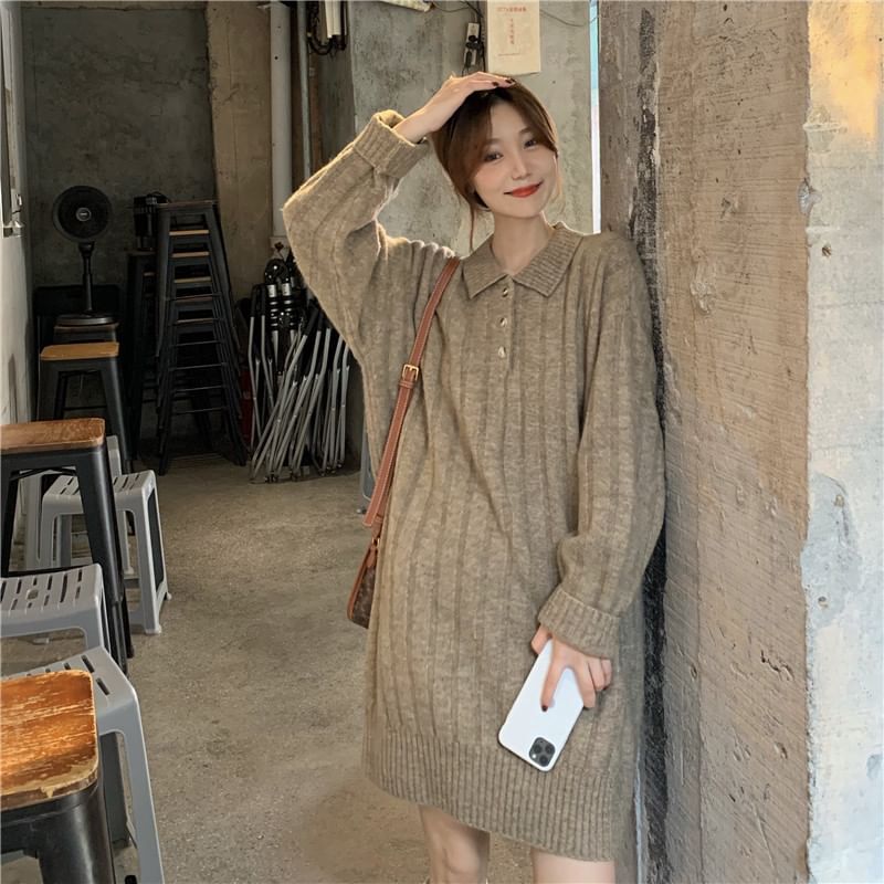 Dress Mini Plain Long-Sleeve Polo-Neck Sweater