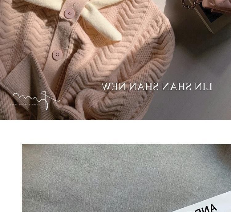 Button-Up Dress Plain Tie-Neck Knit Midi Puff-Sleeve