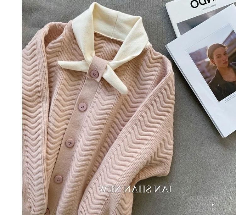 Button-Up Dress Plain Tie-Neck Knit Midi Puff-Sleeve