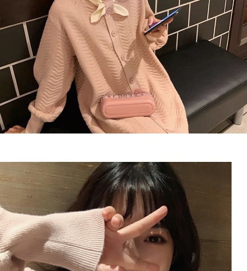 Button-Up Dress Plain Tie-Neck Knit Midi Puff-Sleeve