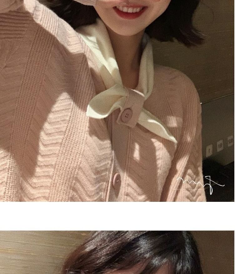 Button-Up Dress Plain Tie-Neck Knit Midi Puff-Sleeve