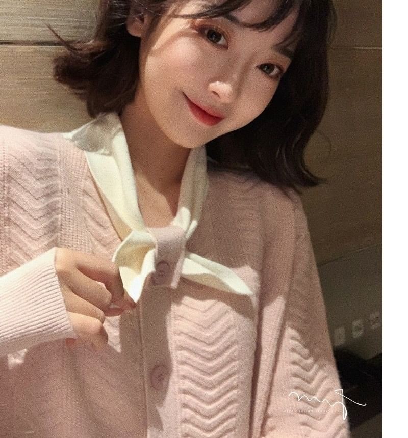 Button-Up Dress Plain Tie-Neck Knit Midi Puff-Sleeve