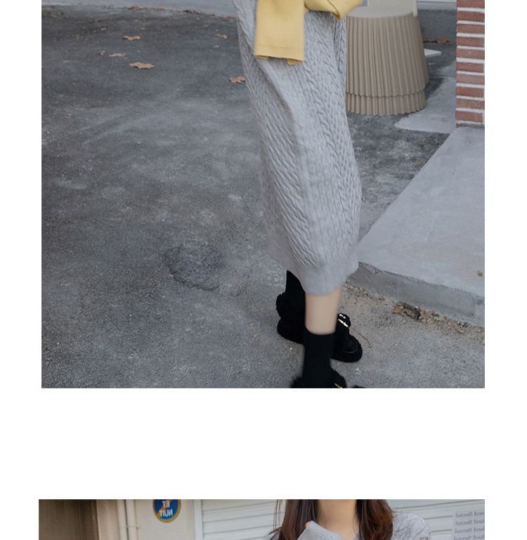 V-Neck Long-Sleeve Plain Midi Dress Sweater