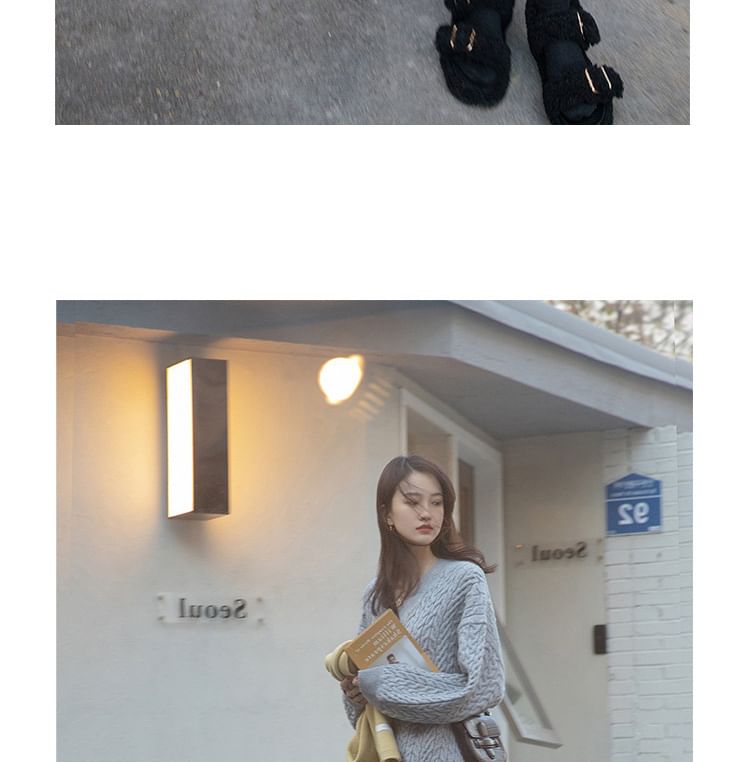 V-Neck Long-Sleeve Plain Midi Dress Sweater