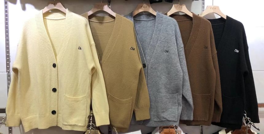 Button-Up Embroidered Cardigan Letter V-Neck