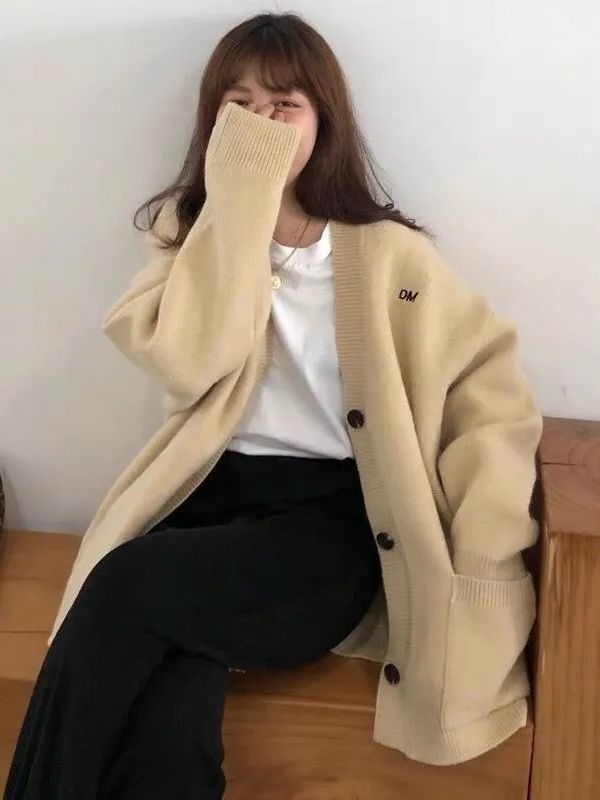 Button-Up Embroidered Cardigan Letter V-Neck