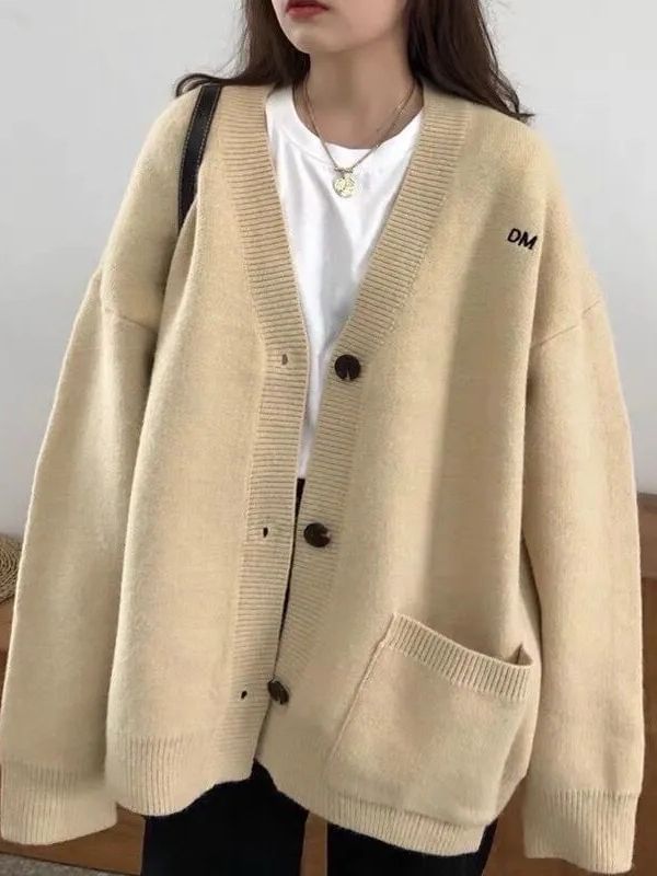 Button-Up Embroidered Cardigan Letter V-Neck