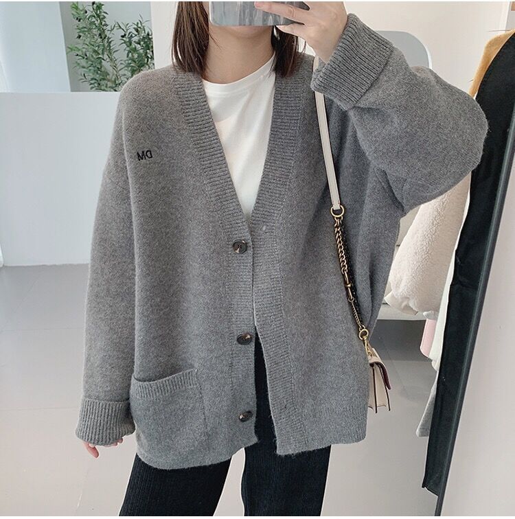 Button-Up Embroidered Cardigan Letter V-Neck