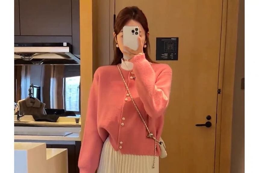 Cardigan Buttoned Faux Pearl Plain