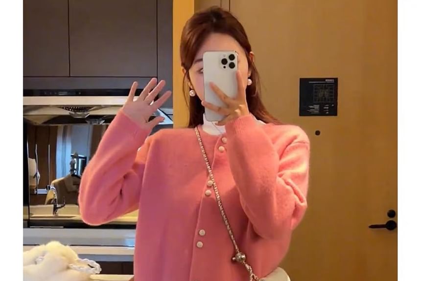 Cardigan Buttoned Faux Pearl Plain