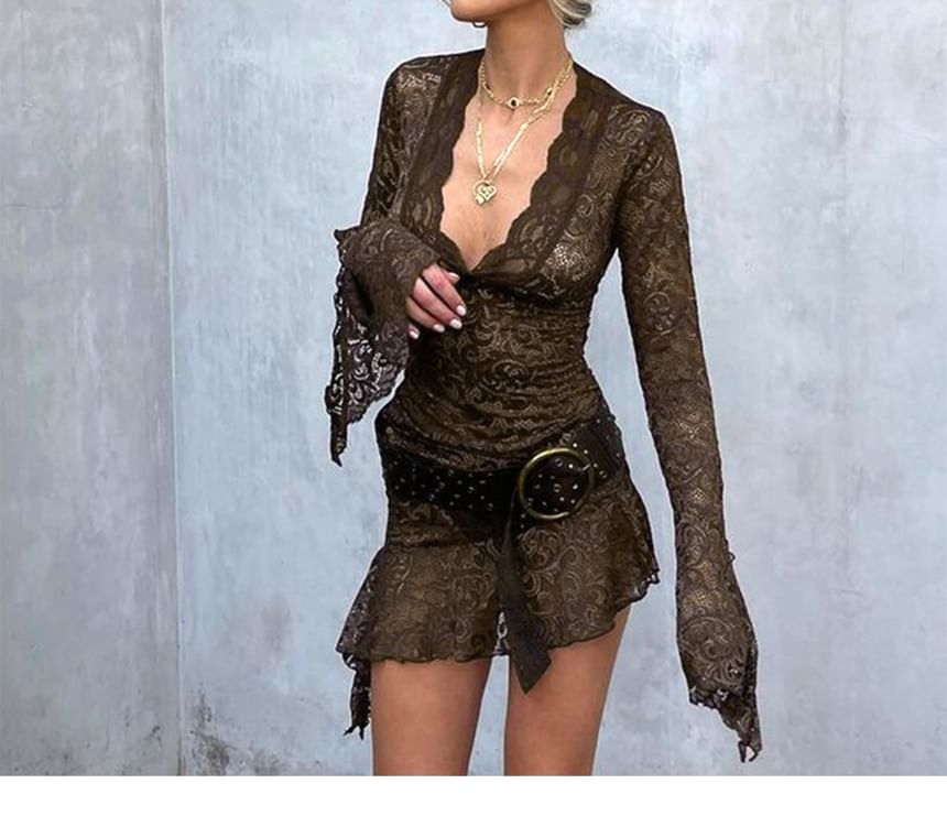 Dress V-Neck Mini Bodycon Lace Long-Sleeve