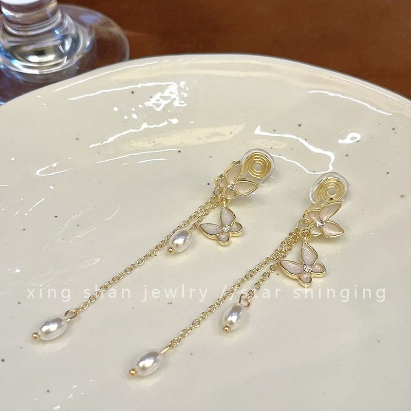 Clip Earring Faux Butterfly Pearl On / Drop
