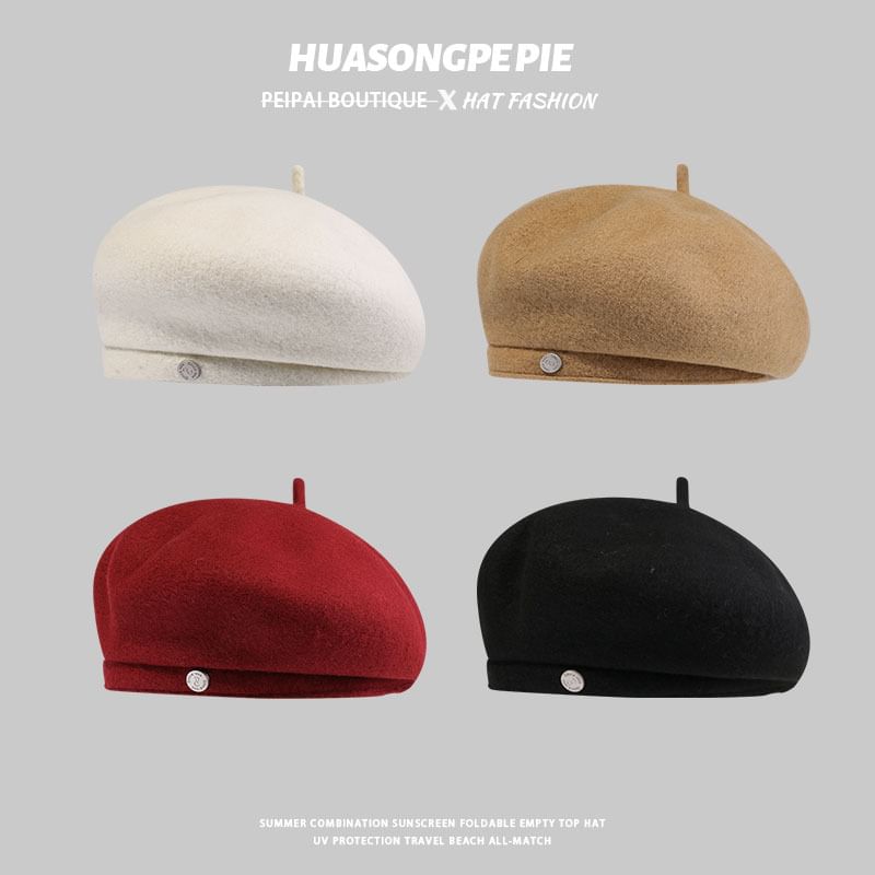 Wool Beret Hat Disc Metal