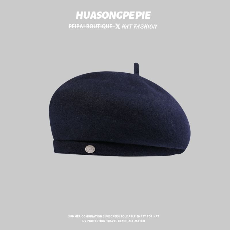 Wool Beret Hat Disc Metal