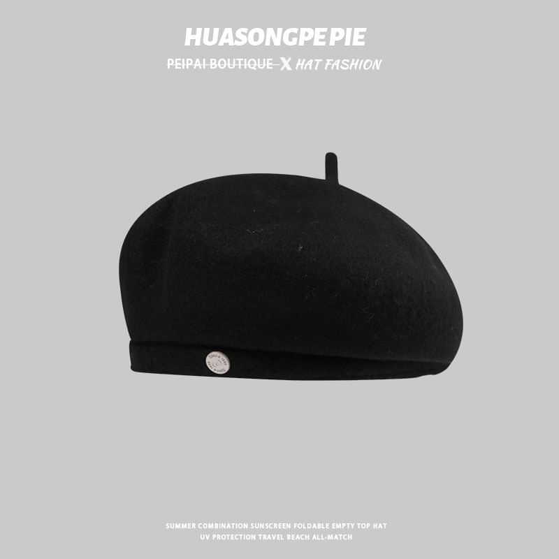 Wool Beret Hat Disc Metal