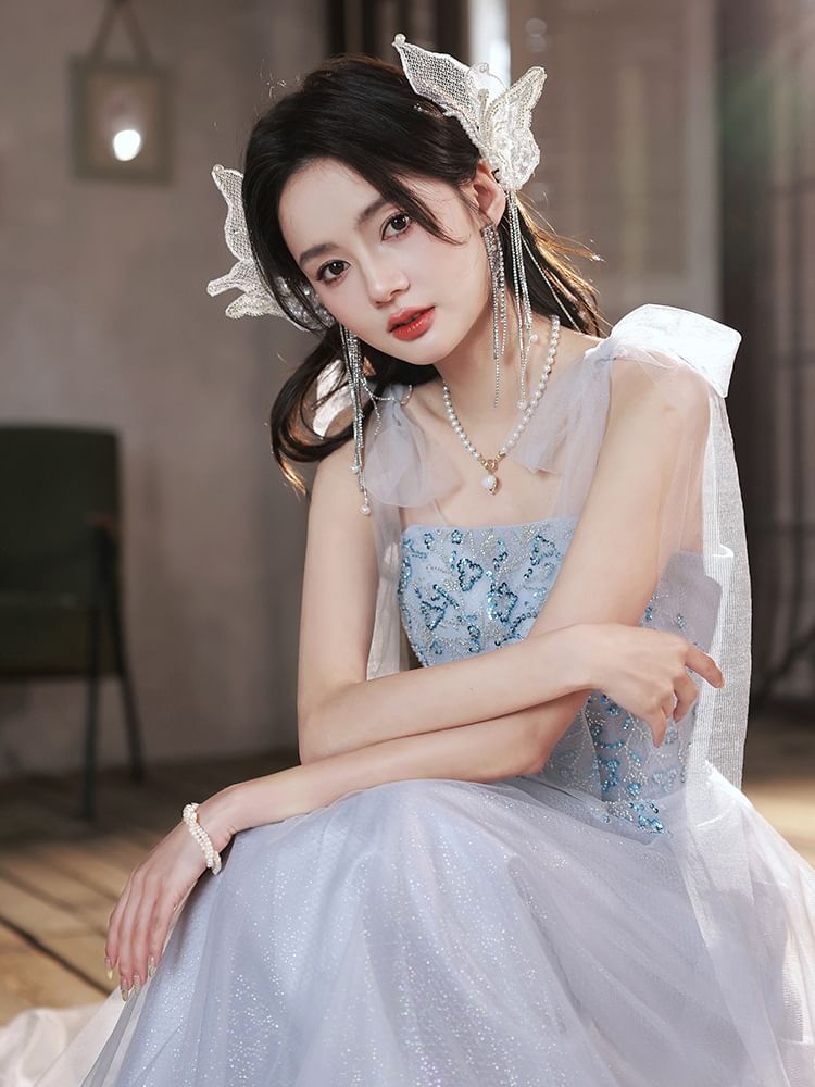 A-Line Mesh Gown Evening Sequin Tie Shoulder Patterned