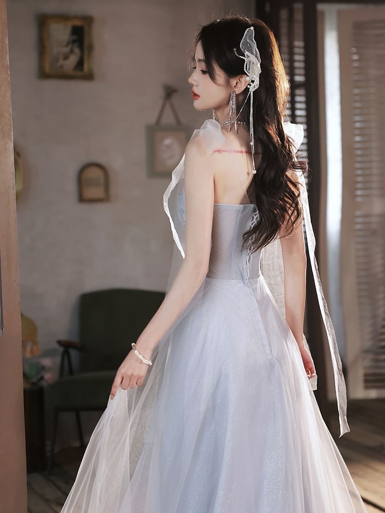 A-Line Mesh Gown Evening Sequin Tie Shoulder Patterned