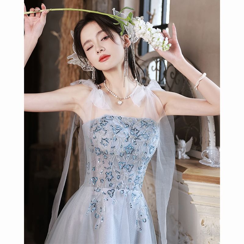 A-Line Mesh Gown Evening Sequin Tie Shoulder Patterned