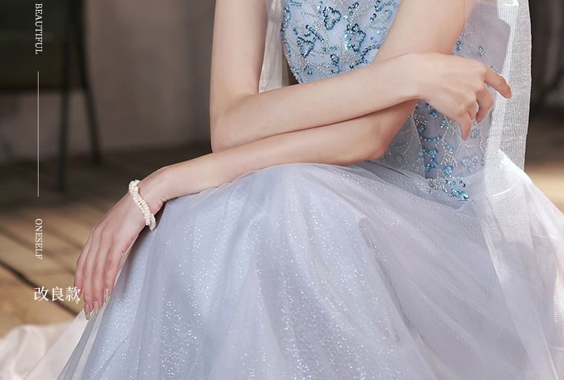 A-Line Mesh Gown Evening Sequin Tie Shoulder Patterned