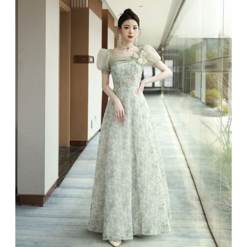 Sleeve Patterned Panel Mesh Puff Evening Neck Gown Floral A-Line Square