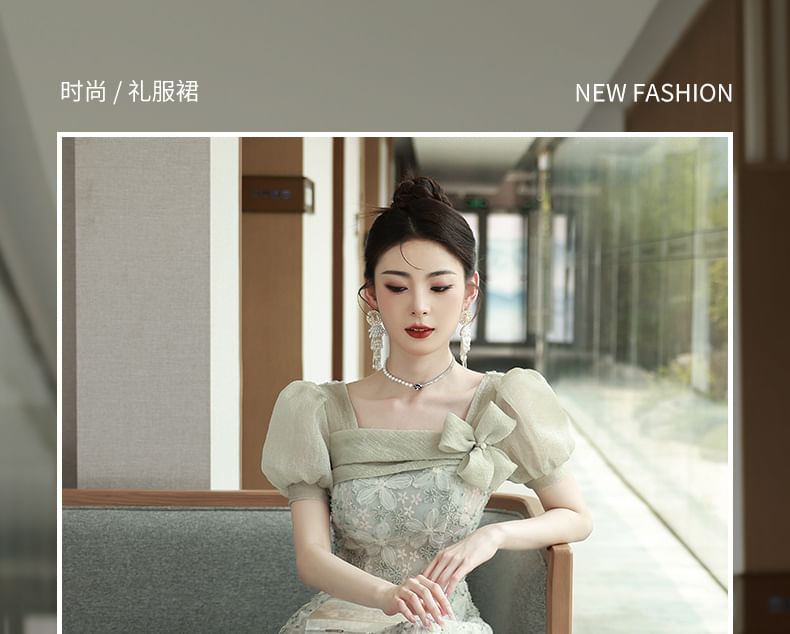 Sleeve Patterned Panel Mesh Puff Evening Neck Gown Floral A-Line Square