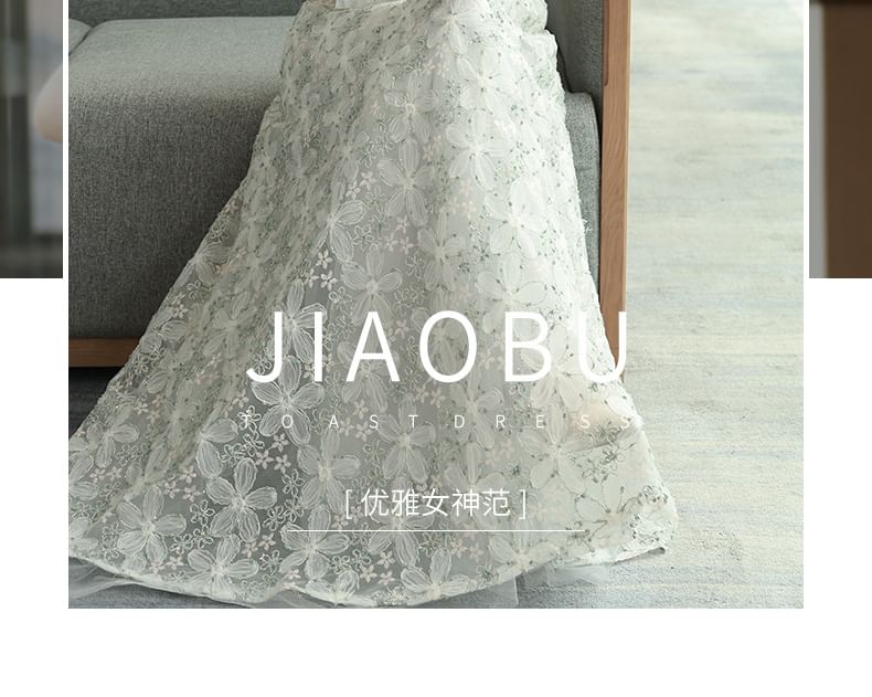 Sleeve Patterned Panel Mesh Puff Evening Neck Gown Floral A-Line Square