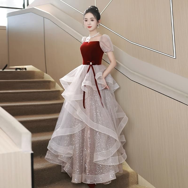 / Short-Sleeve Gown Ruffle Cocktail Square Velvet Mesh Panel Neck A-Line Evening Dress