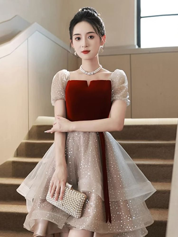 / Short-Sleeve Gown Ruffle Cocktail Square Velvet Mesh Panel Neck A-Line Evening Dress