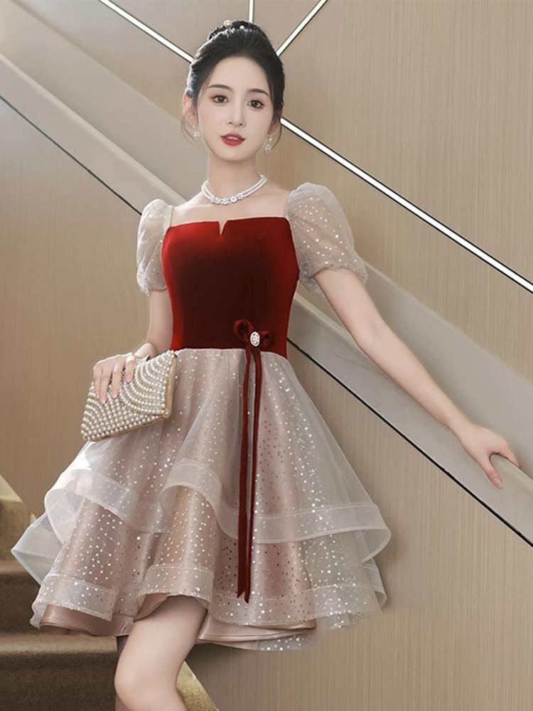/ Short-Sleeve Gown Ruffle Cocktail Square Velvet Mesh Panel Neck A-Line Evening Dress