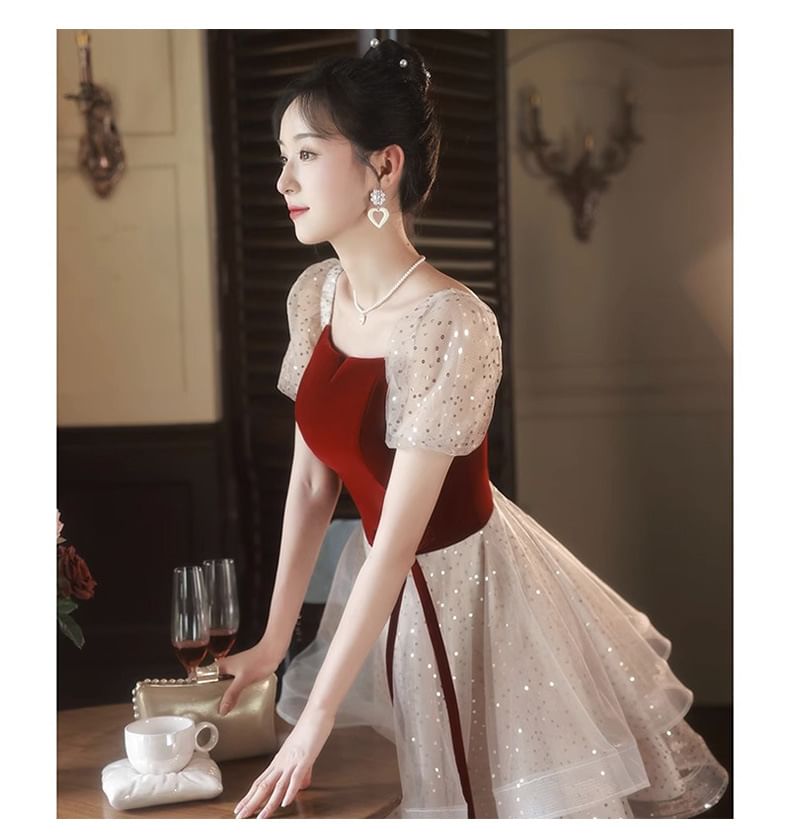 / Short-Sleeve Gown Ruffle Cocktail Square Velvet Mesh Panel Neck A-Line Evening Dress