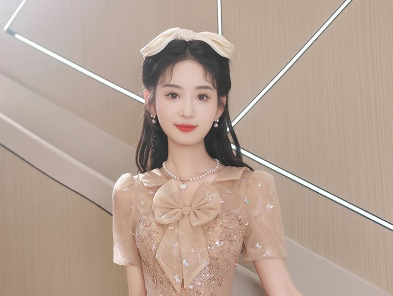 Bow Sequin Collared A-Line Short-Sleeve Evening Gown Ruffle Mesh