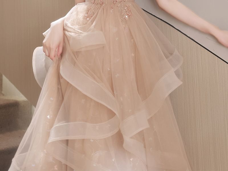 Bow Sequin Collared A-Line Short-Sleeve Evening Gown Ruffle Mesh