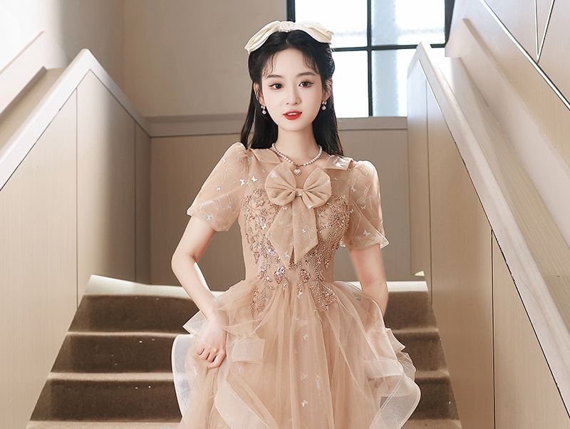 Bow Sequin Collared A-Line Short-Sleeve Evening Gown Ruffle Mesh