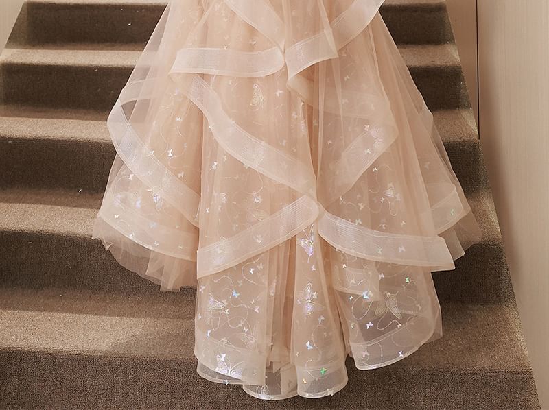 Bow Sequin Collared A-Line Short-Sleeve Evening Gown Ruffle Mesh