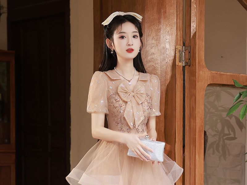 Bow Sequin Collared A-Line Short-Sleeve Evening Gown Ruffle Mesh