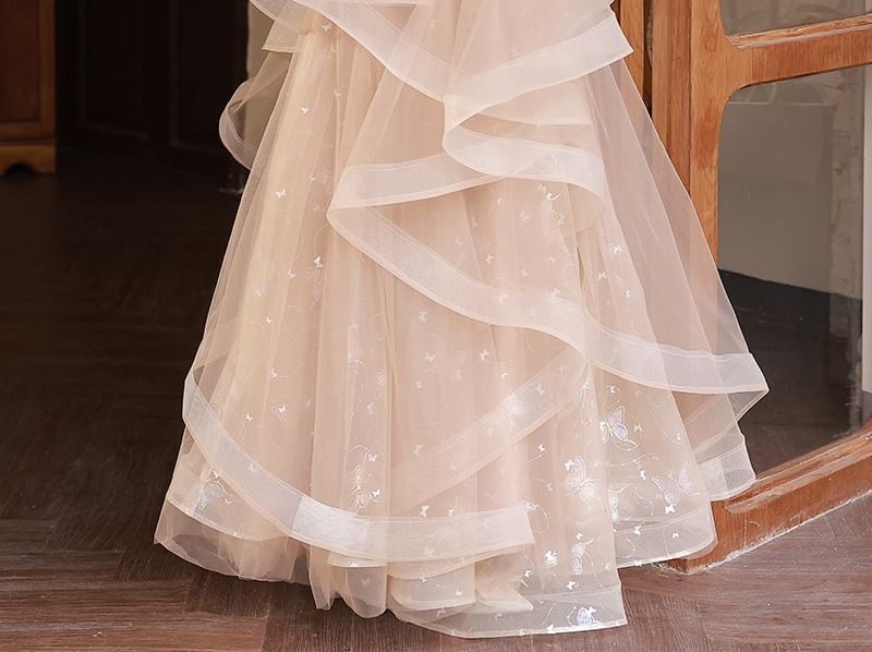 Bow Sequin Collared A-Line Short-Sleeve Evening Gown Ruffle Mesh