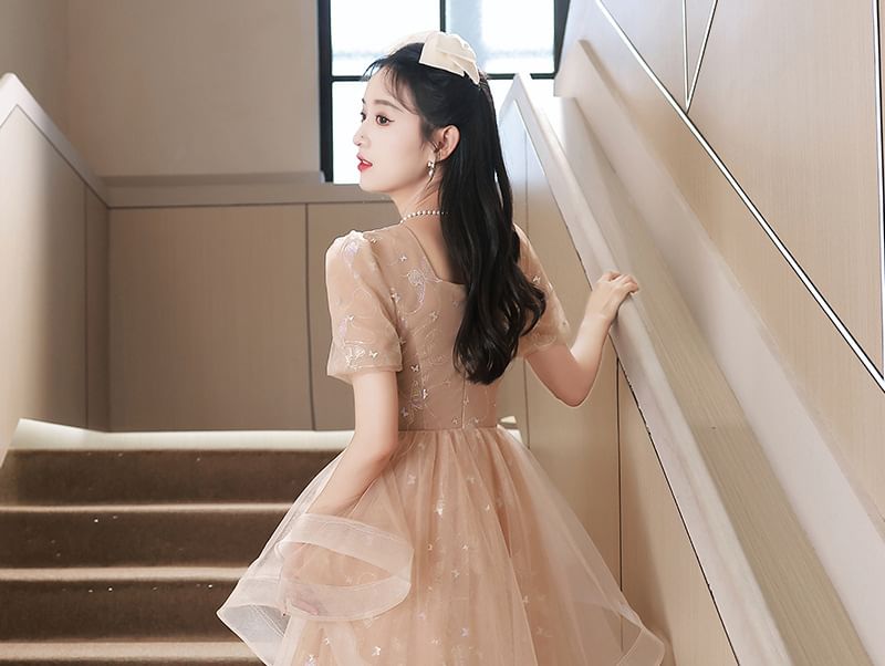 Bow Sequin Collared A-Line Short-Sleeve Evening Gown Ruffle Mesh