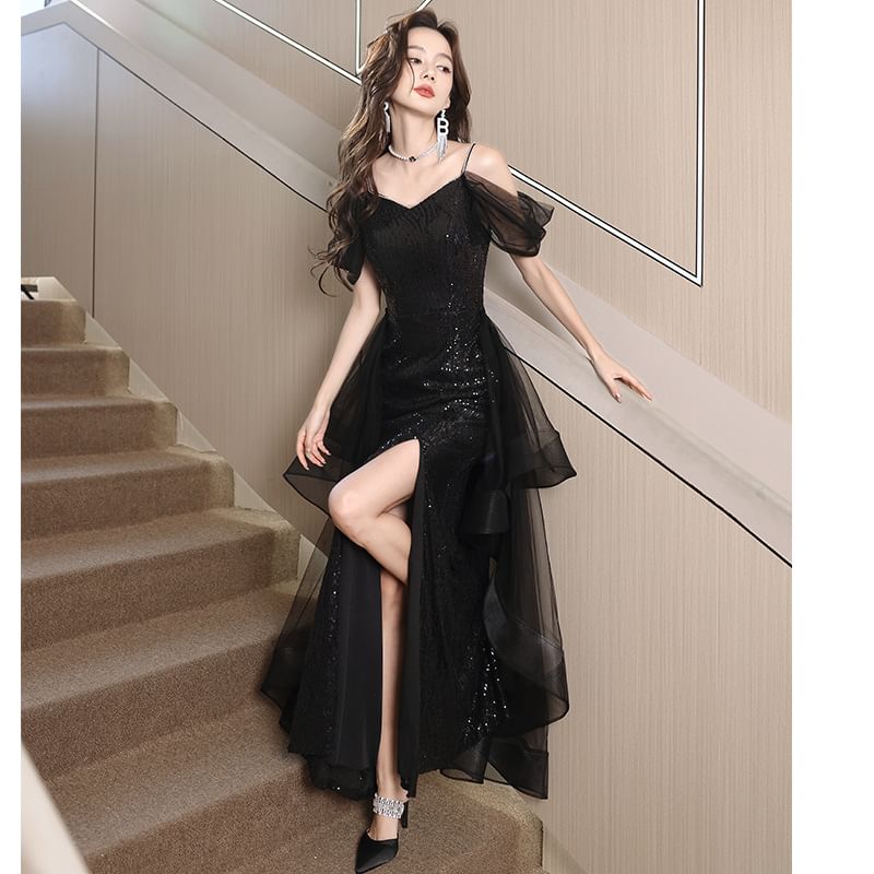A-Line Gown Ruffle Mesh Short-Sleeve Cold Shoulder Slit Evening Plain Sequin