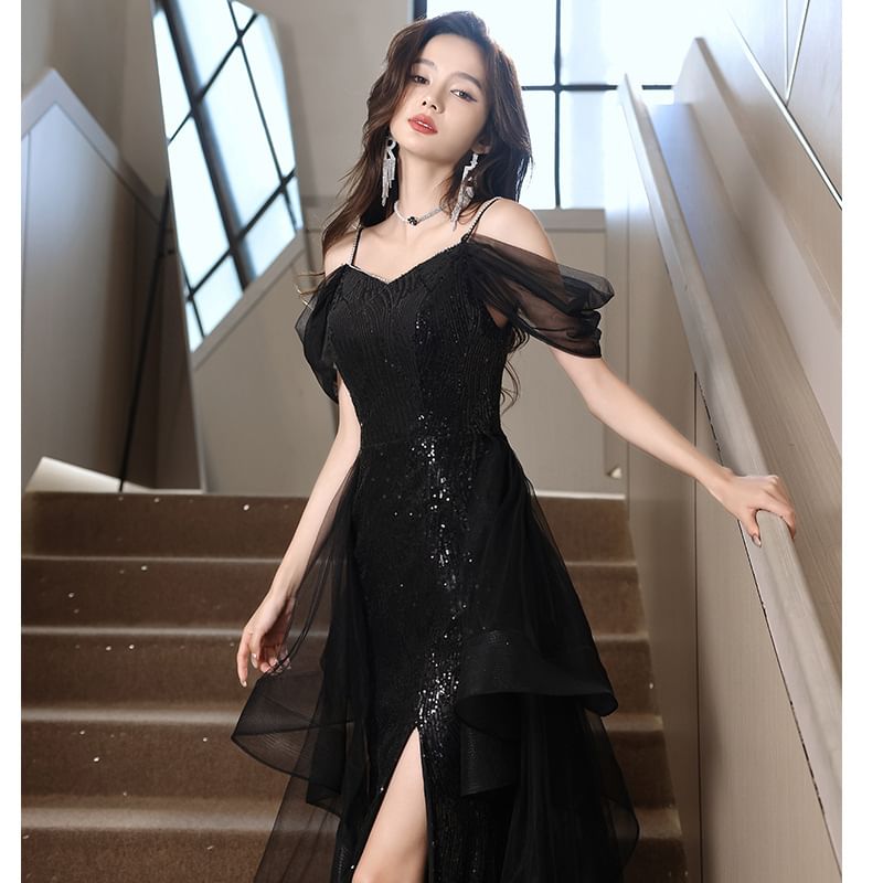 A-Line Gown Ruffle Mesh Short-Sleeve Cold Shoulder Slit Evening Plain Sequin