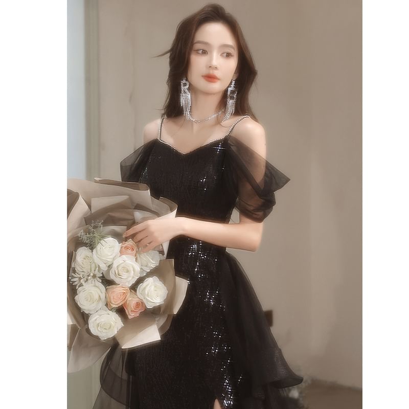 A-Line Gown Ruffle Mesh Short-Sleeve Cold Shoulder Slit Evening Plain Sequin