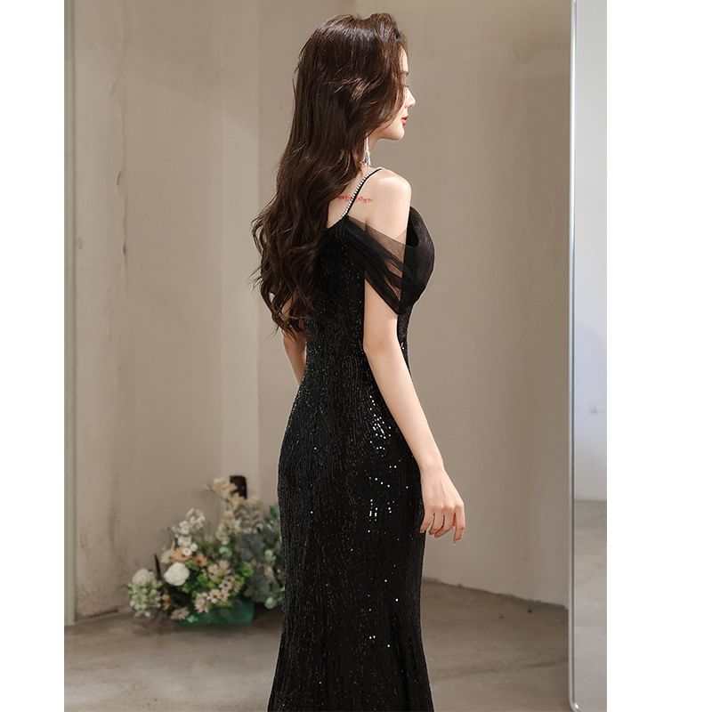 A-Line Gown Ruffle Mesh Short-Sleeve Cold Shoulder Slit Evening Plain Sequin