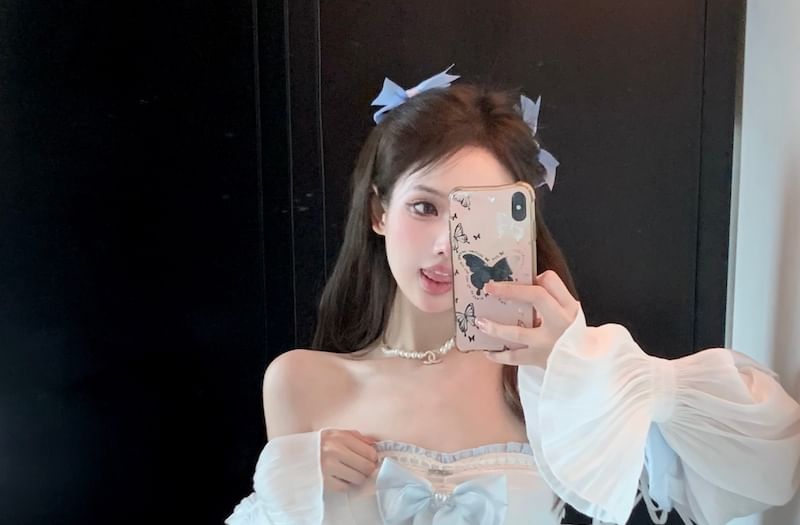 Belt A-Line Two Trim Dress Lace-Up Tone Puff-Sleeve Patterned Lace Mini / Corset Off-Shoulder