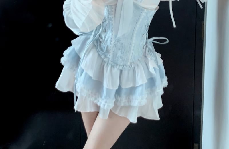 Belt A-Line Two Trim Dress Lace-Up Tone Puff-Sleeve Patterned Lace Mini / Corset Off-Shoulder