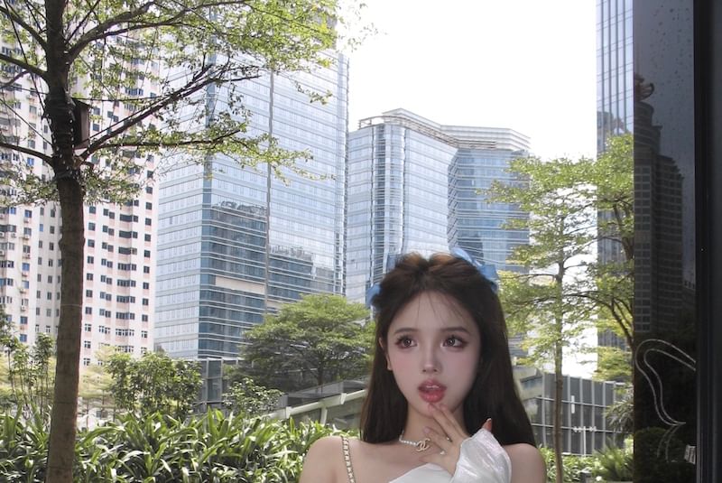 Belt A-Line Two Trim Dress Lace-Up Tone Puff-Sleeve Patterned Lace Mini / Corset Off-Shoulder