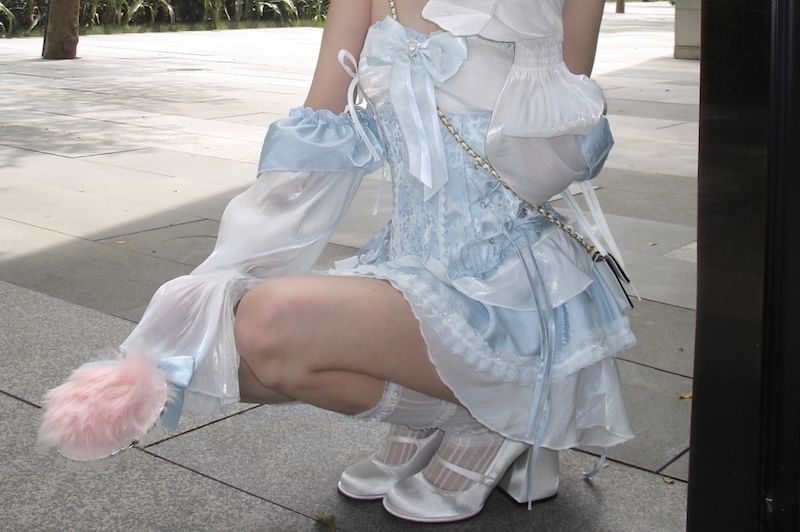 Belt A-Line Two Trim Dress Lace-Up Tone Puff-Sleeve Patterned Lace Mini / Corset Off-Shoulder