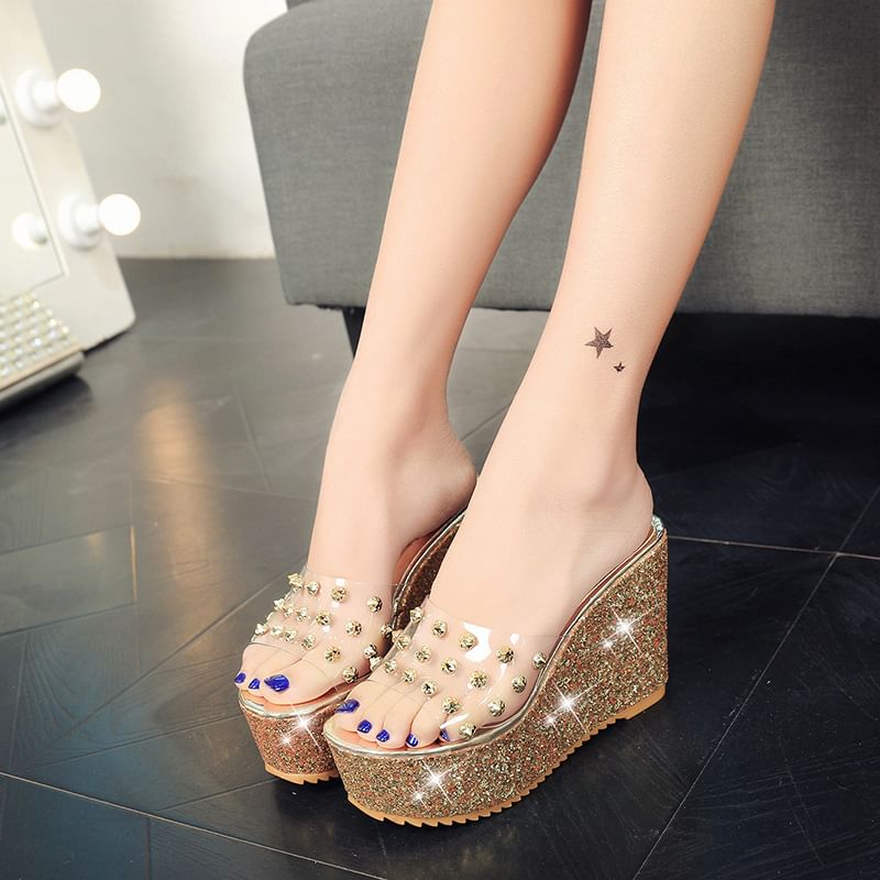 Heel Sandals Slide Studded Platform Wedge
