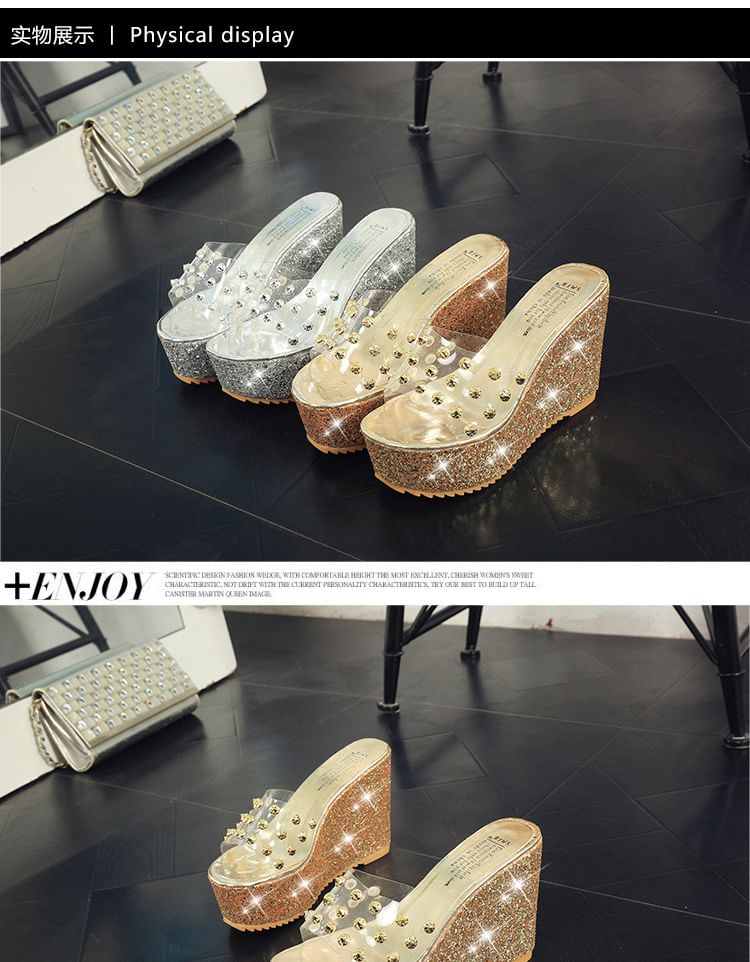Heel Sandals Slide Studded Platform Wedge