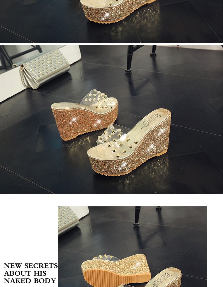 Heel Sandals Slide Studded Platform Wedge
